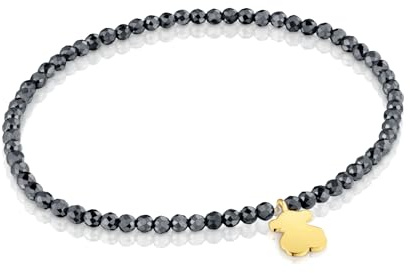 TOUS Pulsera Elástica para Mujer con Bolas Redondas Facetadas de Hematita Gris y Motivo Oso con Baño de Oro 18 Kt Sobre Plata, 17cm de Largo, Colección Motivos