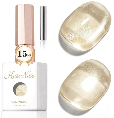 KRISNICE 0.5 OZ Cat Eye Gel Polish with Magnet 15ML Holographic Glitter Shimmer Translucent Jelly Color Magnetic Nail Polish Salon DIY at Home (Champagne Colored Cat Eye-MY023)