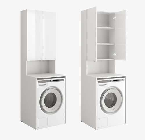 PLATAN ROOM Waschmaschinenschrank Badezimmer Hochschrank Überbauschrank für Waschmaschine und Wäschetrockner 210 x 66 x 50/56 cm weiß (Weiß matt/Weiß Hochglanz, 56 cm tief)
