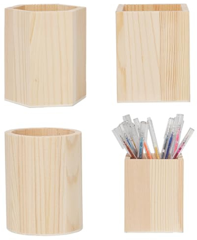 3 Stück Stiftehalter Holz Stiftebecher Stiftehalter aus Holzs Container | Runder und Hexagon Eckig für Schreibtisch Büro Schule Make-up Pinsel Perfektes Einschulung Geschenk und Geburtstag
