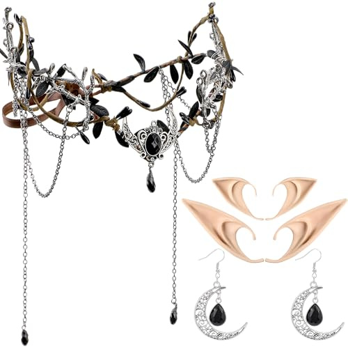 MOSTORY Elfenohren Kopfschmuck Ohrringe Damen Set, Diadem mit Quasten und Mond für Cosplay Karneval Renaissance Kostüm