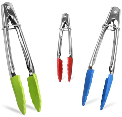 7-Inch Mini Tongs Set of 3 with Silicone Tips, Heat-Resistant Cooking Tongs for Non-Stick Cookware, Stainless Steel Kitchen Tongs for Serving Food, Durable Tongs Kitchen Utensils for Home