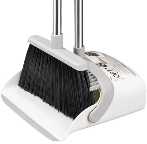 OPTTIDI Broom with Dustpan Combo Set, Hand Broom and Dustpan Set for Sweeping Indoor Angle Broom for Home Office Kitchen Lobby Floor Pet Hair Indoor&Outdoor Cleaning (White&Gray)
