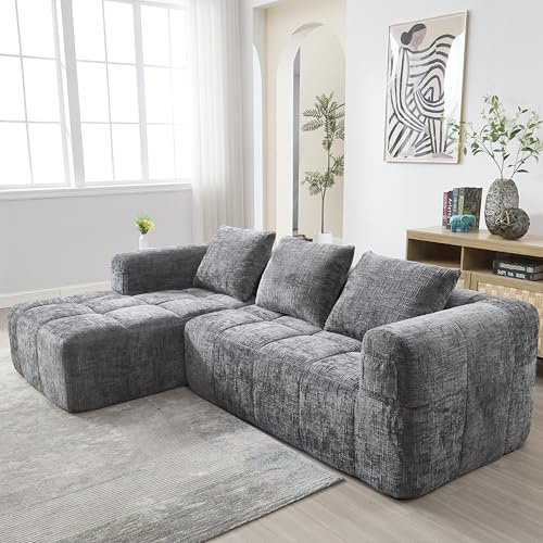 Divano angolare moderno a L con 3 cuscini, design modulare, Divano combinato a 3 posti, con tasche laterali portaoggetti, Non necessita di montaggio, Divano rivestito in tessuto ciniglia, Grigio