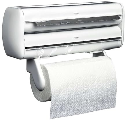 Dispensador de Rollos de Papel para la Cocina, Soporte de Pared para Film Transparente, Papel de Aluminio y Rollo de Cocina, con Cortador