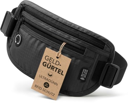 Bauchtasche Herren Damen mit RFID Schutz – Anti-Diebstahl Hüfttasche Wasserabweisend, Verstellbarer Gurt 44.5-79.5cm, 2 Trageweisen, Gürteltasche Reise Sport Festival Outdoor – Tiefschwarz