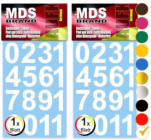 MDS Brand 35mm Zahlen Aufkleber Weiss | Selbstklebende Klebezahlen | Vinyl Hausnummern zum Aufkleben für Briefkasten, Mülltonnen, Hausnummer für Außen & Innen 35mm Peel (Weiß)