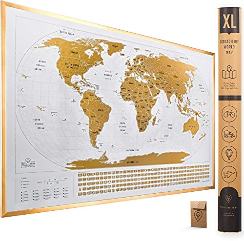 Travelization XL Skrapkarta, världskarta med 196 landsflaggor, 91 x 61 cm, inrambar resekarta med livfulla färger och högkvalitativ guldbeläggning, vackra besökta platser spårare för resenärer, vit