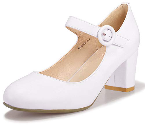 IDIFU Women's Candy Dress Mary Jane Shoes Low Block Heels Closed Round Toe Office Work Church Wedding Pumps(White Pu, 7)