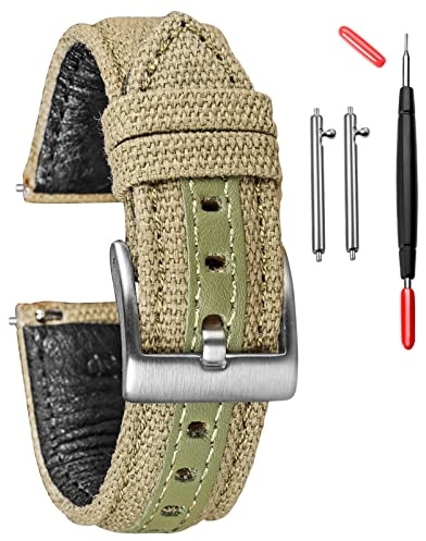 hemsut h Militärische Armbanduhr-Gurt mit Schnellwechsel: 4mm Dicke Canvas + Leder (18-24mm) Passend für 16-21cm Handgelenk - Schwarz/Khaki/Blau/Grün