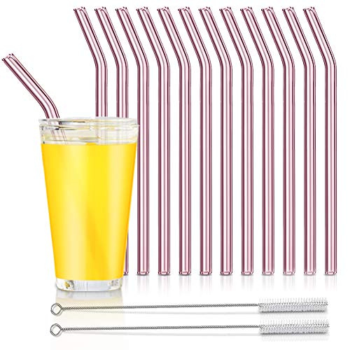 Pailles en verre réutilisables et courbées avec 2 brosses de nettoyage - Pailles réutilisables pour smoothies, milkshakes, jus de fruits - Rose - Lot de 12