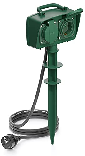 deleyCON Presa 2 Outdoor con Picchetto Distributore di Corrente Esterni 2 Prese Contatto Protettivo Sicura per Bambini IP44 Protezione Dagli Spruzzi d'Acqua Resistente Alle Intemperie Cavo 5m
