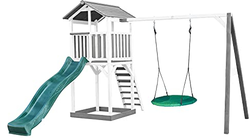 AXI Beach Tower Spielturm aus Holz in Weiß & Grau | Spielhaus für Kinder mit grüner Rutsche, Nestschaukel und Sandkasten | Stelzenhaus für den Garten
