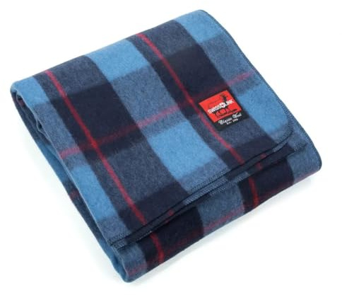 Swiss Link Military Surplus 90 x 62 Inch Insulating Indoor Outdoor Stain, Flame, and Water Resisting Classic Wool Plaid Washable Blanket, Sky Blue