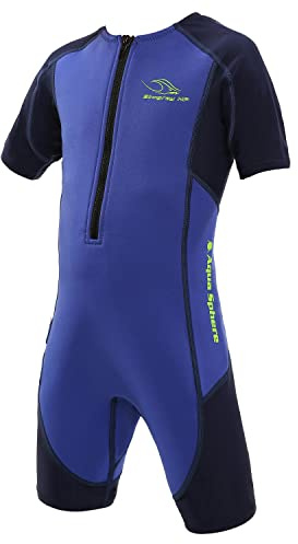 Aqua Sphere Aquasphere Stingray Short Sleeve Kids Wetsuit - Keeps Kids Warm & 100% Neoprene UV Protection - Freedom of Movement in & Out of Water | Unisex Children, Size 2, Royal Blue/Navy Blue