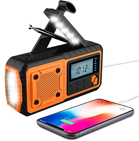 Radio Solaire, Radio Météo d'urgence à Manivelle Solaire Radio d'urgence Rechargeable USB Portable avec Banque d'alimentation 4000 Mah, Lampe De Poche LED Alarme Sos pour Randonnée