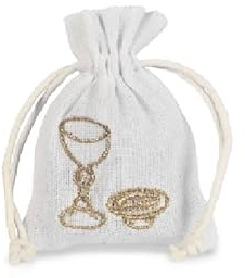 Art des argents Nr.12 sachet 10 x 12 cm en tissu de YUTA ivoire - crème avec CALICE OR pour bonbonnières communion porte-dragées XE-1061