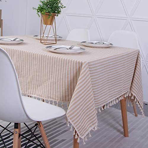 Novetec Tablecloth Rectangular Linen Look Stripe Tassel Tablecloth Wipe Clean Oil Resistant Stain Resistant Easy Care For Indoor Outdoor Garden Dining Room Party And Celebrations