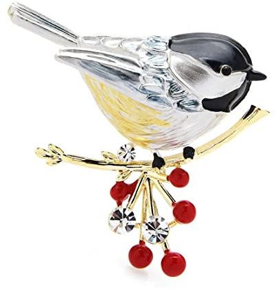 Broche bijou oiseau sur branche style mésange en acier.