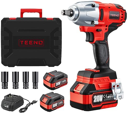 TEENO Avvitatore a Impulsi a Batteria da 600 N.m 20V, Mandrino 13mm (1/2), 2x 4000 mAh e caricatore rapido, Avvitatore a Percussione con 4 ugelli, Adatto per uso domestico e automobilistico.