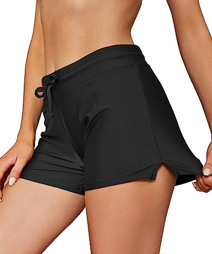 SHEKINI Calzoncillos tipo bóxer para mujer, color liso, tankini, bañador, verano, cordón ajustable, pantalones de bikini deportivos, Negro , M