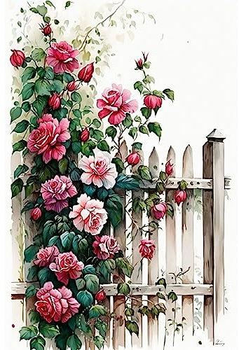 ECUCU Stickbilder Vorgedruckt Kreuzstich Zaun Rose Blumen vorgedrucktes Kreuzstich-Stickset für Erwachsene,D für Erwachsene Anfänger