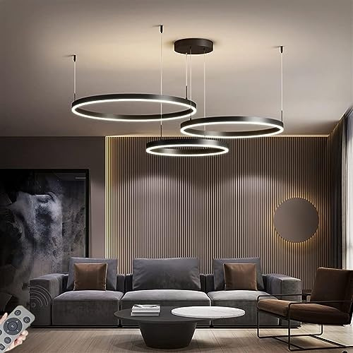LED-Pendelleuchte Modern Dimmbar Hängeleuchte Ring Kreis Hängelampe Esstisch Pendellampe Aluminium Kronleuchter DeckeLampe Für,Kücheninsel,Wohnzimmer,Color:Schwarz,Größe:3 rings/100+80+60CM/188W