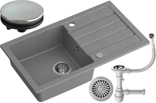 MyQ Fregadero de granito | tamaño: 77 x 44 x 17,5 cm, color: gris | SEUL 11 Fregadero de cocina Fregadero de una cubeta con escurridor y sifón manual | para armarios a partir de 50 cm