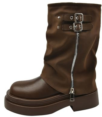 ERICAT Retro Women's Boots Thick Bottom and Ankle Boots Autumn Thin Stacked Boots Temperament Short Boots High Top Leather Boots Zip Mid-calf Boots