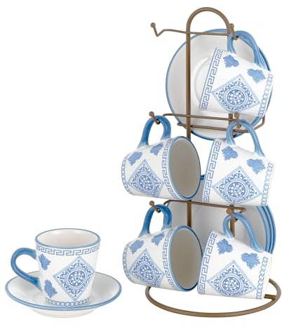 Baroni Home Set di Tazzine Decorate in Ceramica con Piattini e Stand, Accessorio da Cucina Colorato Resistente, Linea Maioliche Blu, 15x13x29 cm