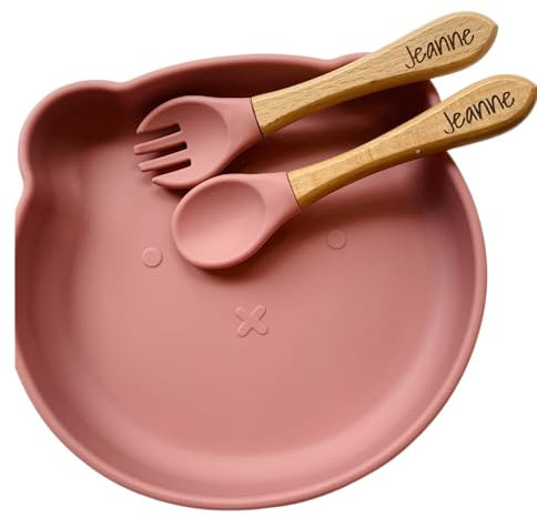 Ensemble repas personnalisé pour enfant : assiette à ventouse, couverts assortis - idéal pour bapteme et naissance - cadeau unique pour bébé - kit coffret Diner en couleur rose, un présent pratique.