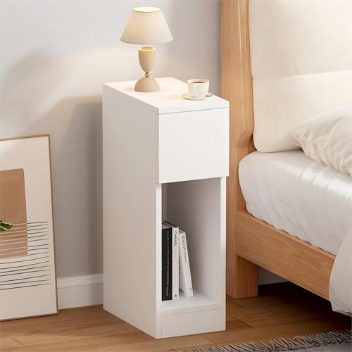 Sanery Slim Bedside Table Bedroom Nightstand with Open Shelf & Drawer, Narrow End Table Sofa Side Table for Living Room, Compact Wooden Lamp Table Telephone Table for Home Office, White