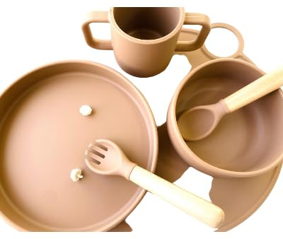 Set repas pour enfant et bébé caramel - Idéal comme cadeau de naissance anniversaire ou bapteme - Cadeau original pour bébé - 5 pièces avec verre, bol, assiette avec couverts et set de table