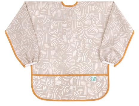 Bumkins Sleeved Smock, Toddler Reusable Waterproof Bib for Girls and Boys Ages 3-5 Years, Long Sleeve Childrens, Kids Paint Apron, Arts, Crafts and Play with Pocket, Soft Fabric, Boho Beige