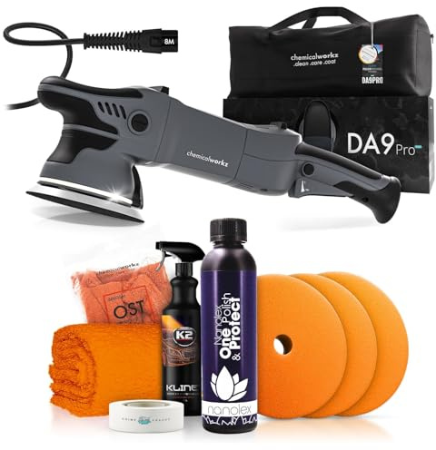 Poliermaschinen Set: chemicalworkz DA9 Pro Max Exzenter Poliermaschine + Nanolex One-Step Politur + Royal Pads Polierpads + Zubehör - Auto Lack Politur, Kratzer entfernen, Aufbereitung | 8-teilig