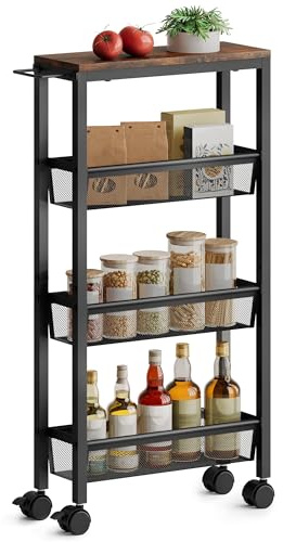Hoctieon Slim Rolling Storage Cart, 4-Tier Narrow Kitchen Storage Cart with Handle & Wheels, Mobile Shelving Unit, Wooden Top & Metal Frame, Utility Cart for Kitchen, Small Spaces, Rustic Brown