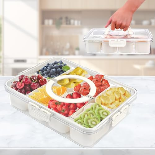 Snackbox mit FäChern,Snackschale mit Deckel und Griff,Snackbox Organizer,Geteilter Snackteller für Snacks,Obst, Nüsse, Gewürz, Süßigkeiten,Perfekt für Picknick,Familientreffen,Snackbox mit fächern