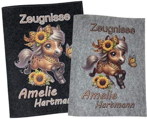 Zeugnismappe mit Namen - Mädchen und Jungen - Personalisiert Filz A4 Pferd Blume - Dokumenten Urkunden Mappe Kinder - Hefter Zeugnisse - Sichtbuch Grundschule