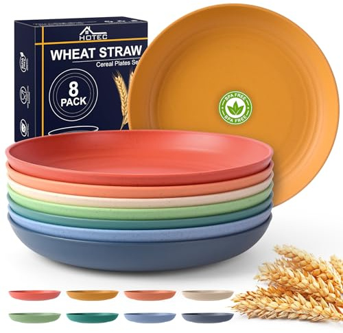 HOTEC 8-Pack 8inch BPA Free Unbreakable Deep Plastic Plates, Wheat Straw Camping Plates Dishwasher Safe Kitchen Plates Dinnerware Multicolor