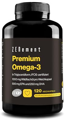 Premium Omega 3 IFOS Triglicéridos para Óptima Absorción – 1000 mg EPA + 500 mg DHA por Dosis – Aceite de Pescado Salvaje Certificado FOS – 120 Cápsulas Blandas