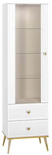Lomadox Wohnzimmer Vitrinenschrank Vitrine in weiß Hochglanz mit goldfarbenen Griffen und Füßen inkl. LED Beleuchtung, B/H/T: ca. 55/190/40 cm
