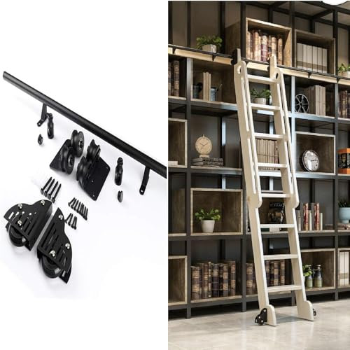 Rustikale Schwarze Rollleiter-Hardware-Bibliothek, Schiebeleiter-Hardware-Schienen-/Schienensatz (ohne Leiter), Bodenrolle mit Bremse, Rundrohr-Schienenlänge 3,3 Fuß – 26,2 Fuß (Sc