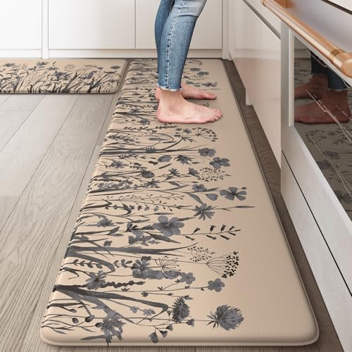 KIMODE Küchenmatten gegen Ermüdung, Bauernhaus-Küchenteppiche, 2er-Set, Memory-Schaum, Küchenmatten für Boden, wasserdichte Stehmatte für Spüle, Wäsche, Büro, Schreibtisch, Braun/Grau, 43,2 x 149,9 cm