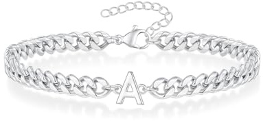 KGDUYC Pulsera de Hombre Cadena Acero Inoxidable - Plata, Cubana, Hip Hop Plateado | Regalos de Joyería Para Hombres, Inicial A