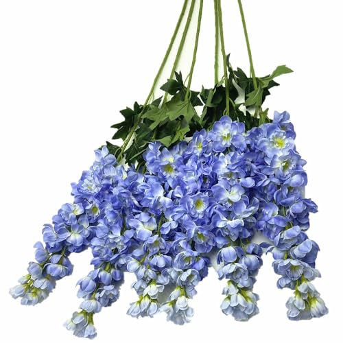 forestmistry 6pcs Artificial Larkspur Flower with Long Stem Consolida Ajacis Large Silk Fat Delphinium (blue)