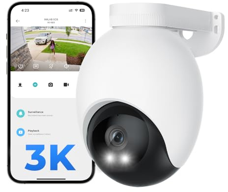 IMILAB 3K 5MP Caméra de Surveillance Extérieure Filiaire, WiFi 2,4 GHz, Caméra Sécurité 360° avec Détection Personne & Véhicule, Étanche, Enregistrement Continu 24/7, sans Abonnement(EC6)