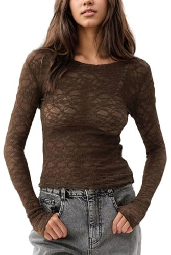 EMOTTOS Donna Y2K Sheer Mesh Maglietta, Sexy Crop Top con Trasparente Top in Pizzo Ricamato, Slim Fit Cut out Shirt in Rete con Collo Rotondo per Uscire Casual Clubwear, Marrone, S