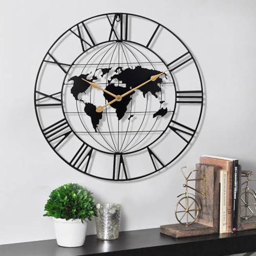 SIN&MI Large World Map Wall Clock,Metal Minimalist Modern Clock,Round Decorative Silent Non-Ticking Battery Operated Wall Clocks for Living Room/Entryway/Kitchen/Bedroom/Office/School Decor (24 Inch)