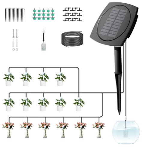 Solar Bewässerungssystem Garten Automatische Set, Automatisches Gartenbewässerungssystem für Balkon Pflanzen Topfpflanzen Gewächshaus, 12 Timer-Modi, mit 15 M Schlauch