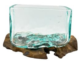 Vaso in vetro riciclato con base in legno naturale, contenitore decorativo in vetro design artigianale
